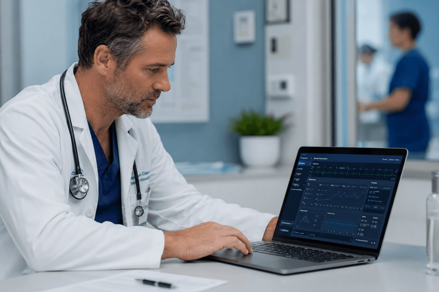 Doctor reviewing patient data on laptop