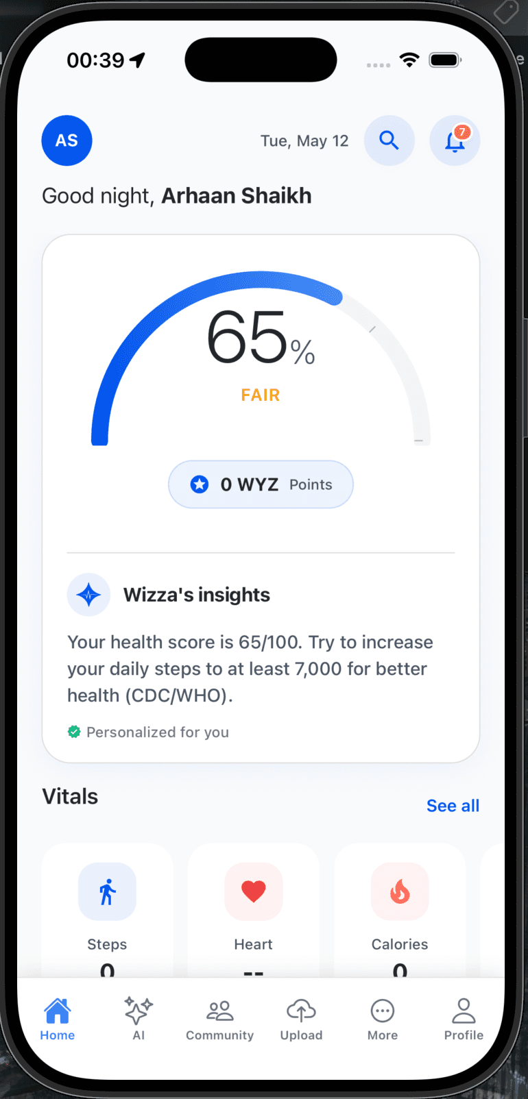 Wizzaid app home screen