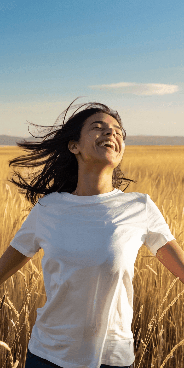 Happy woman standing in a sunny field